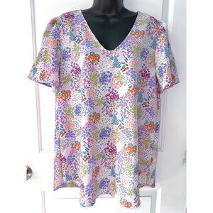 Heimish purple short sleeve blouse with colorful floral print